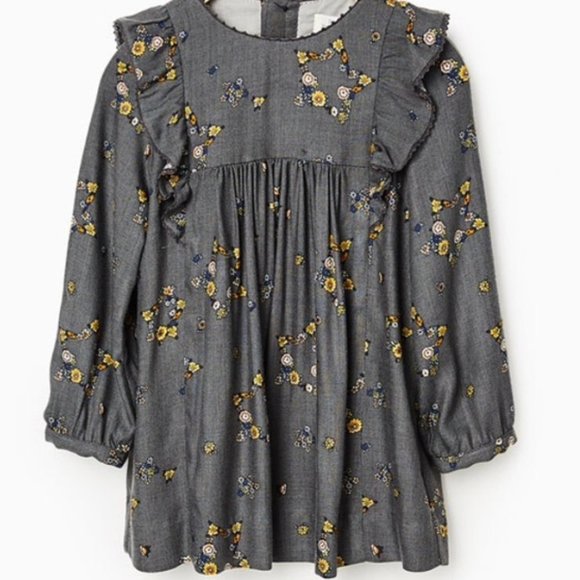 🔴 SOLD 🔴 Zara Grey LS Dress with Gold Flowers Fall 2-3y - Picture 1 of 5